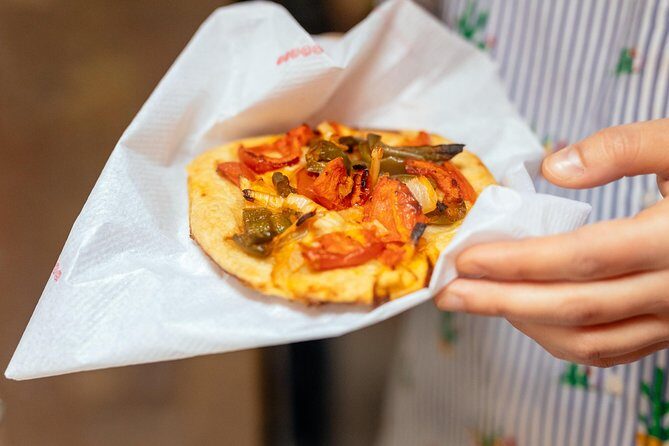 The Award-Winning PRIVATE Food Tour of Mallorca: The 10 Tastings - Es Baluard viewpoint stop: croqueta and coca de pimiento close up
